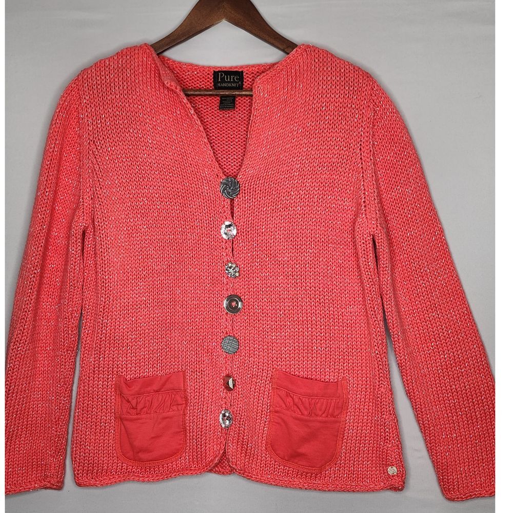Pure Handknit art to wear peach coral cardigan Med Unique Buttons 100% Cotton
